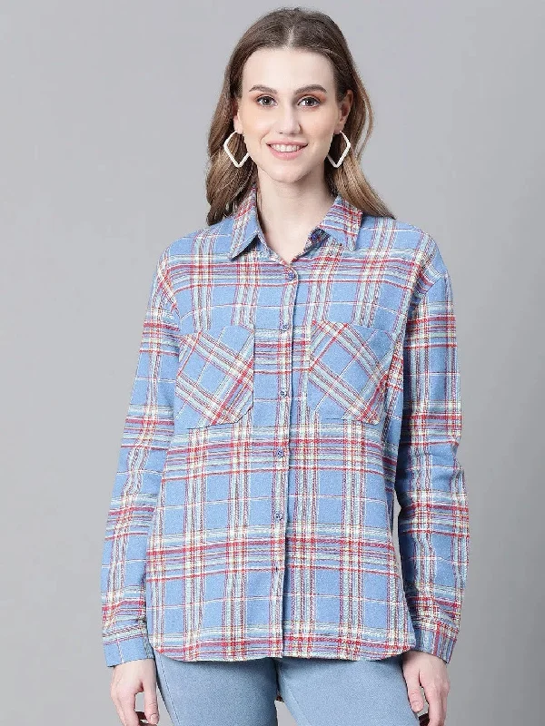 Women Blue Brush Check Long Sleeve Collared Cotton Shirt-W23270WSH001-- Zippered Front Buttoned Front Snap Front