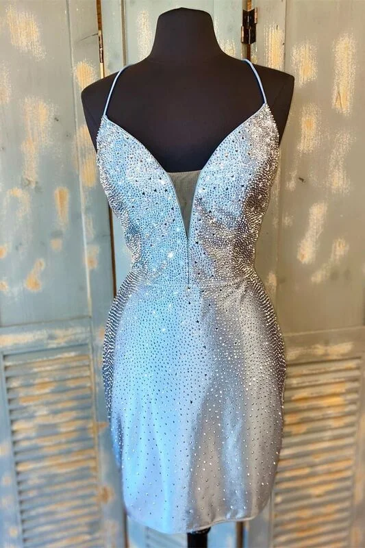 Tight Silver Beaded Short Homecoming Dress Tunics Exclusive limited