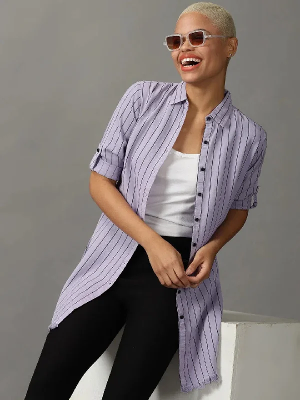 Women's Purple Striped Longline Shirt-AE-4149-Lavender-- Notch Collar Peter Pan Collar Cowl Neck