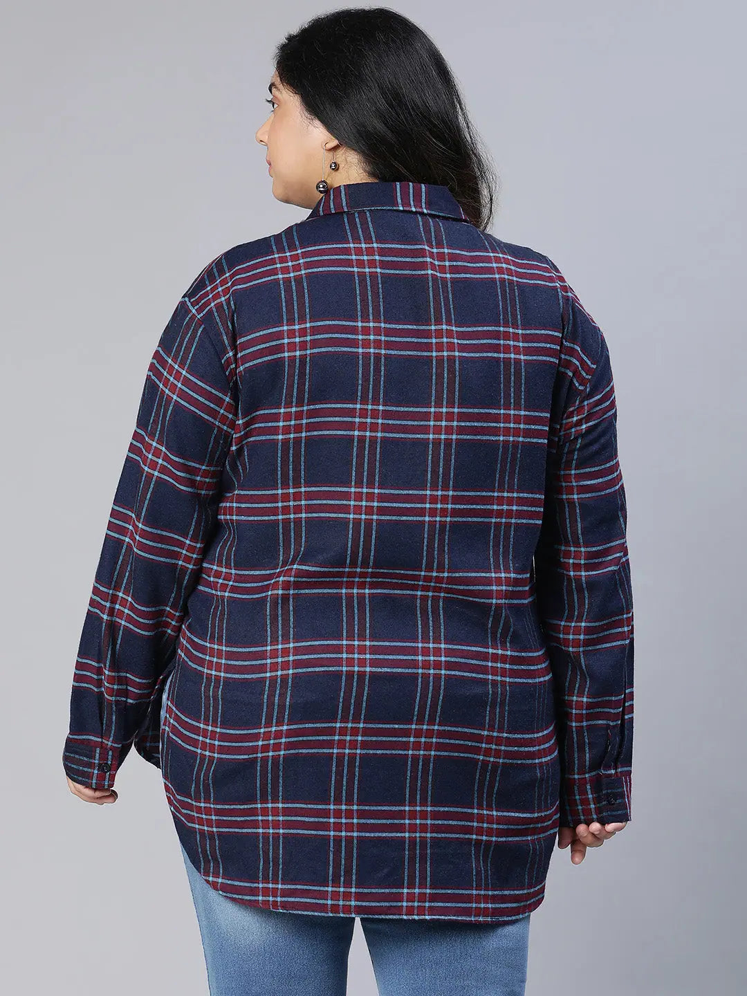 Astonish Navy Blue Check Print Plus Size Women Shirt-- Welt Pockets Slit Pockets