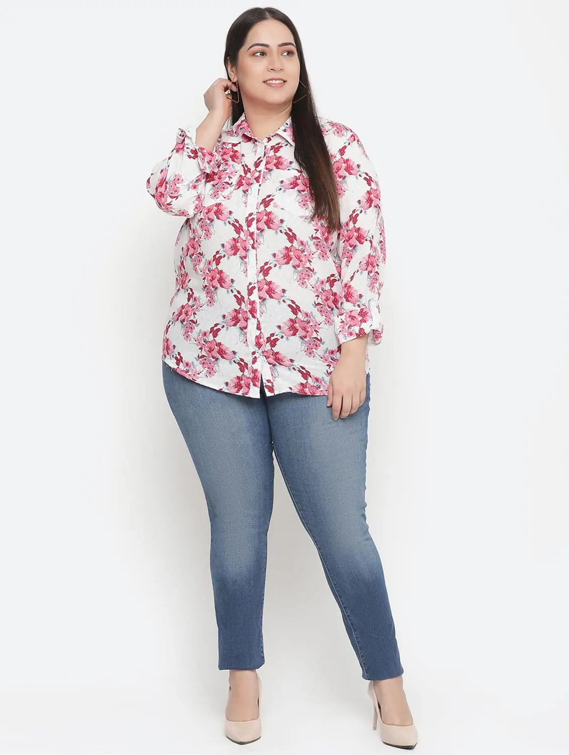 Wiser Pink Floral Print Cottan Meld Plus Szie Women Shirt-- Machine Wash Dry Clean Hand Wash