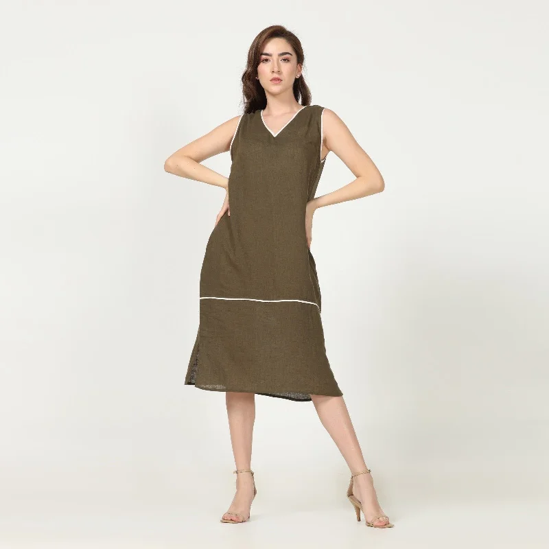 Olive Green Dress With Ecru Edging | Linen Modal | Minimalist Style Tunics Polka dots