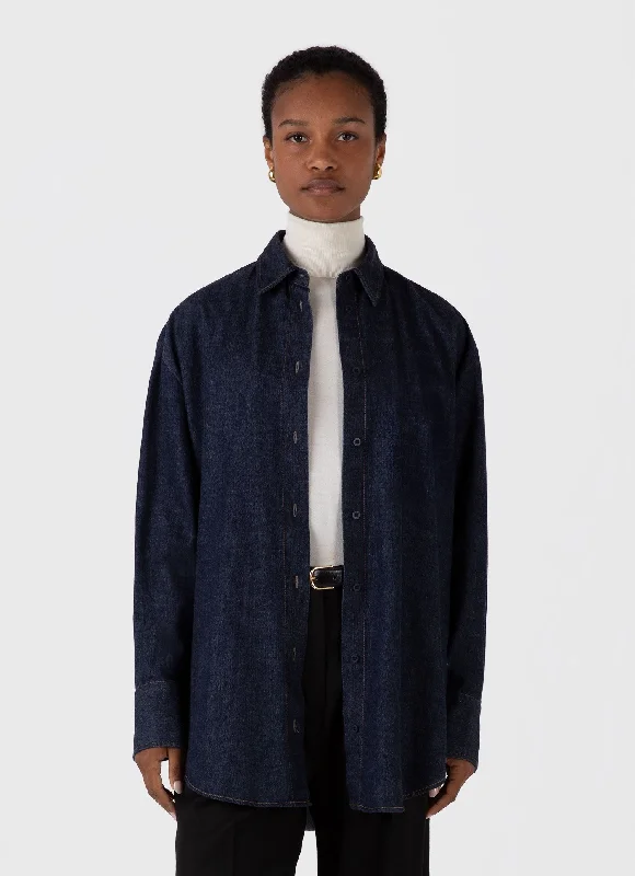 Women's Oversized Denim Shirt in Mid Wash Denim-- Chenille Blend Fleece Blend Nylon Blend
