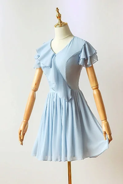 Flutter Sleeves Blue Chiffon Short Homecoming Dress Tunics Velvet soft