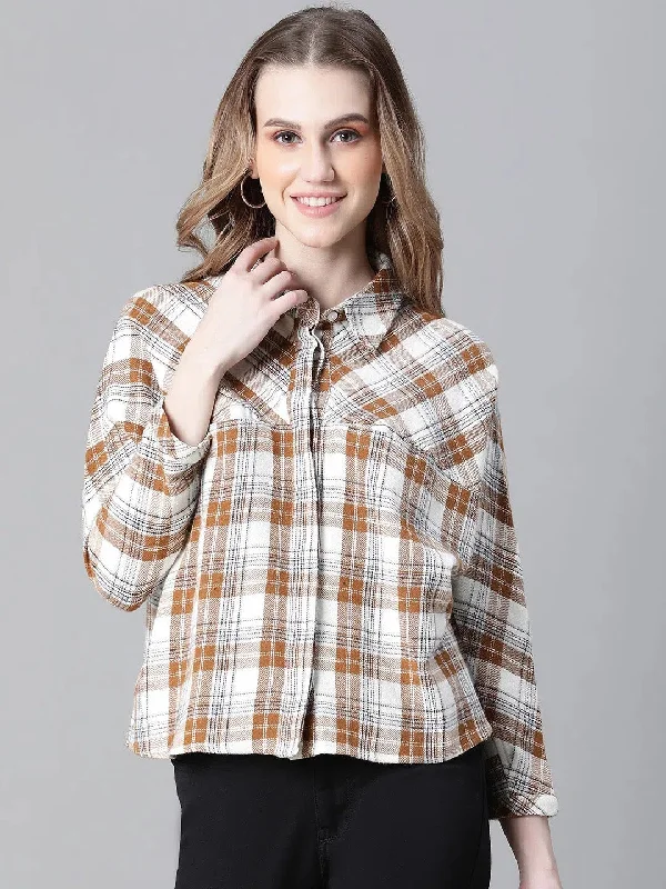 Women Multicolor Check Print Collared Buttoned Long Sleeve Cotton Shirt-W23252WSH004-- Print Jacquard Patchwork