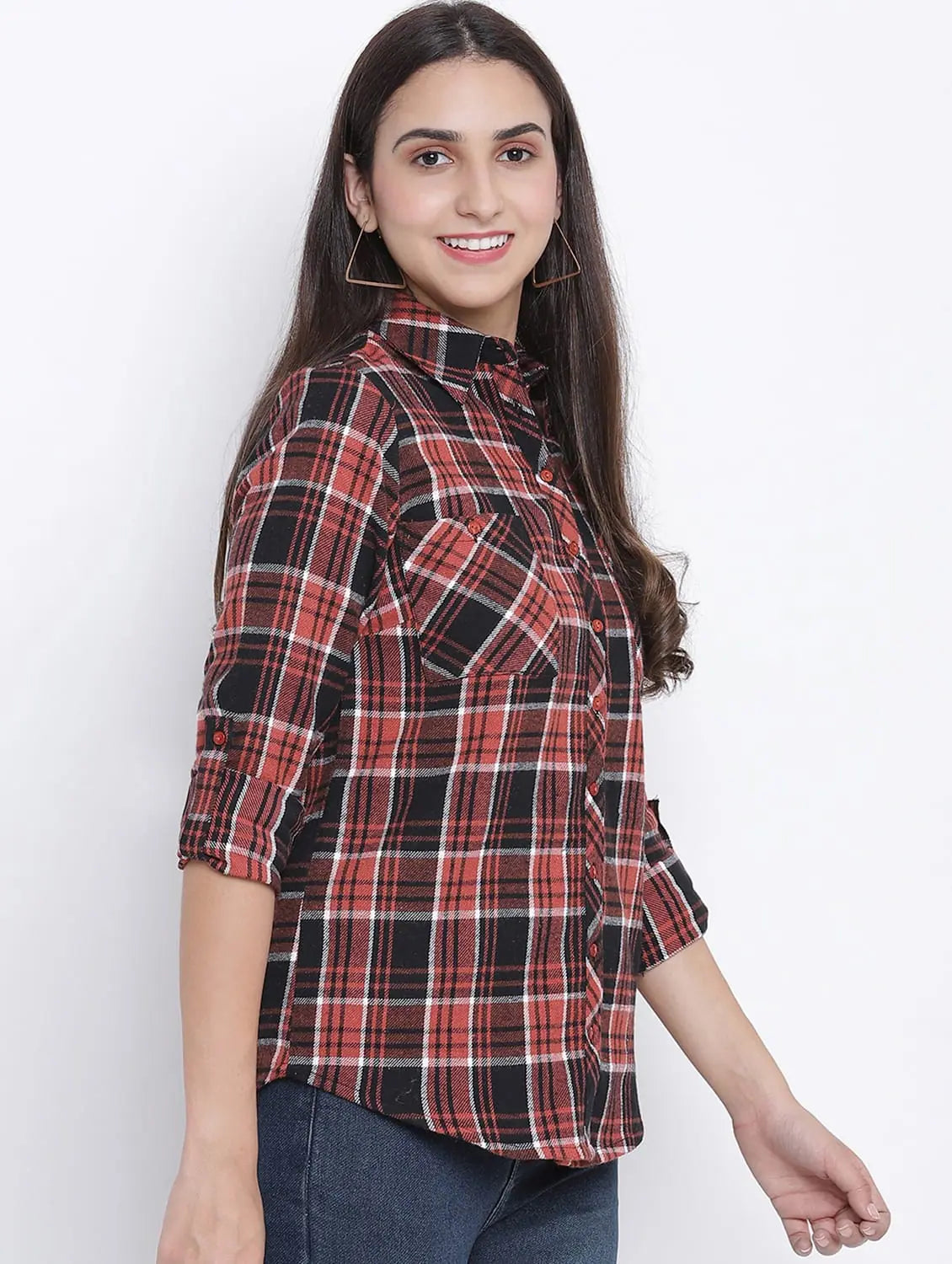 Soppar Brown Brush Check Women Shirt-- Plaid T-Shirt Polka Dot Checkered