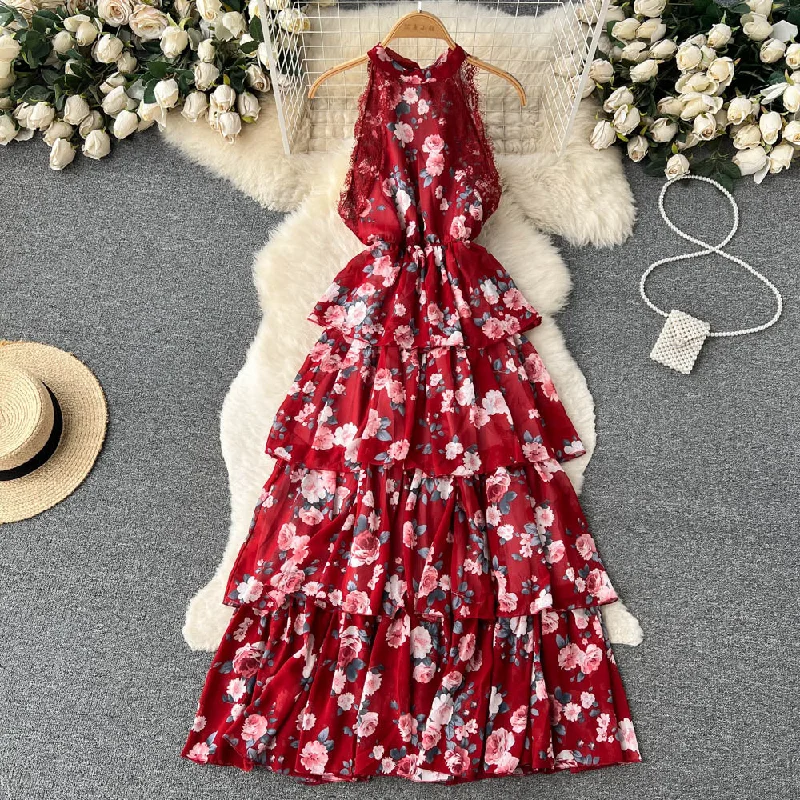 Summer New Holiday Lace Sleeveless halter Dress Girl Sweet Fragmented Fairy Cake Long Dress Tunics Solid Classic