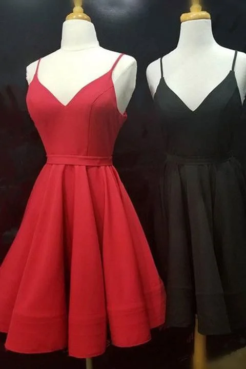 simple real picture red satin spaghetti straps short homecoming dresses graduation dress Cowl Neckline Elegant