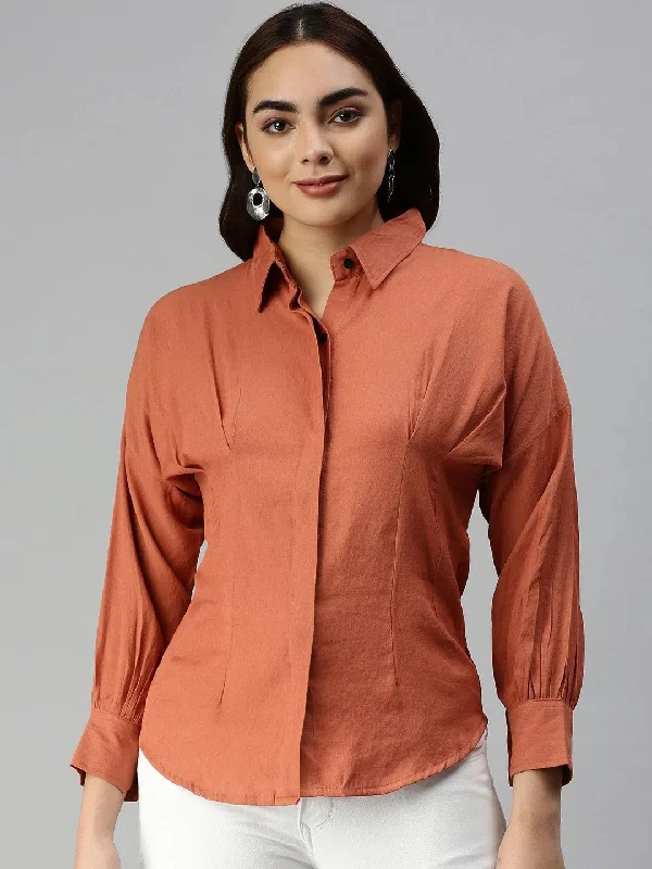 Women's Rust Solid Shirt-AE-10196-Rust-- Spandex Blend Rayon Blend Denim Blend