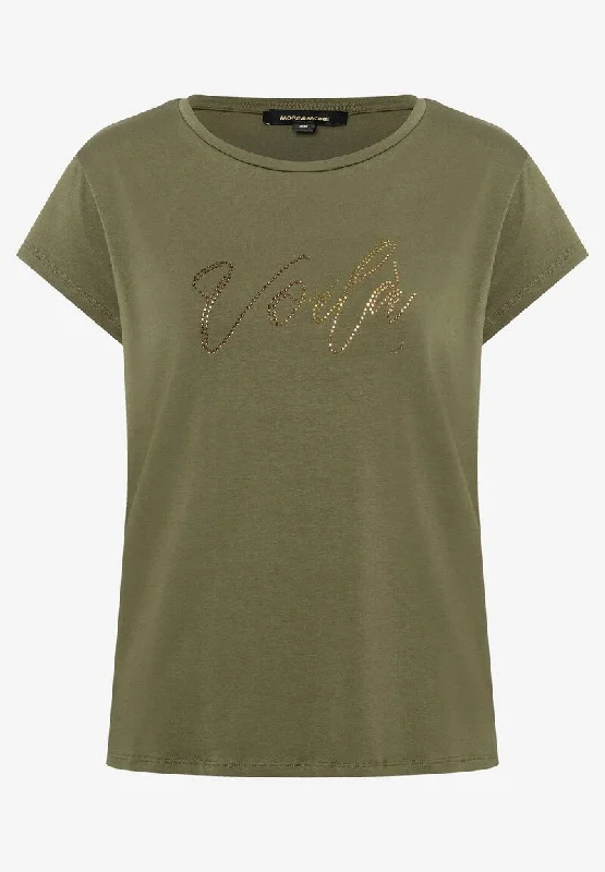 T-Shirt mit Strass-Schriftzug  weiß-- Welt Pockets Slit Pockets Flap Pockets