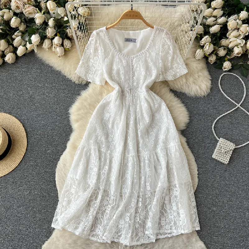 2023 summer pearl lace embroidery French square collar temperament pleated fairy dress Tunics Travel practical 2023 summer pearl lace embroidery French square collar temperament pleated fairy dress Tunics Travel practical