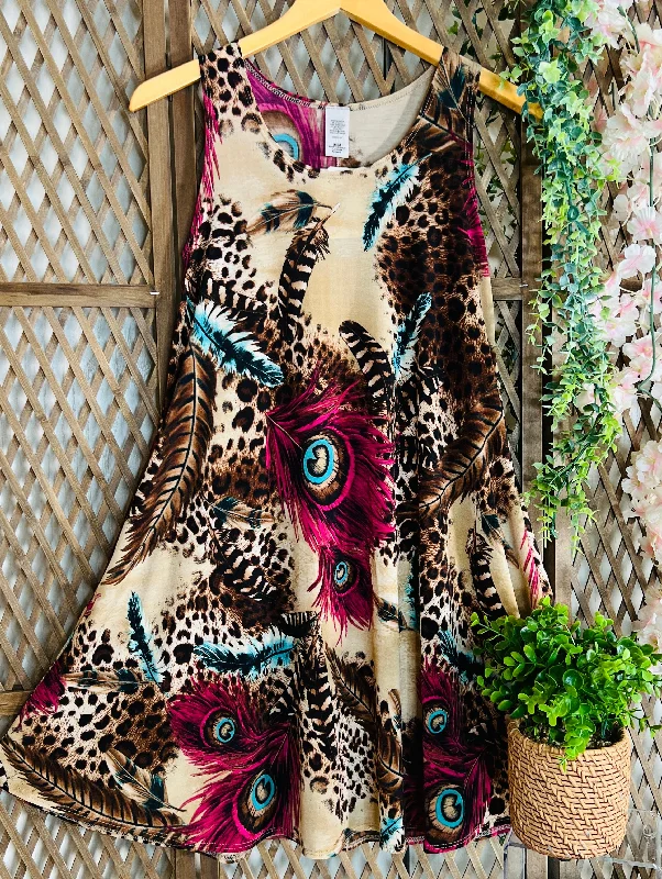 Peacock Feathers/Animal Print Dress Cowl Neckline Elegant