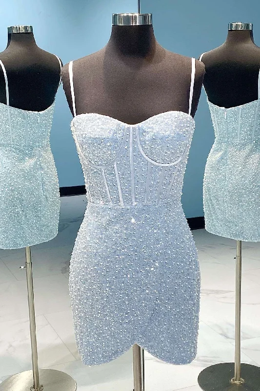 Light Blue Sequin Straps Bodycon Short Homecoming Dress Tunics Polka dots