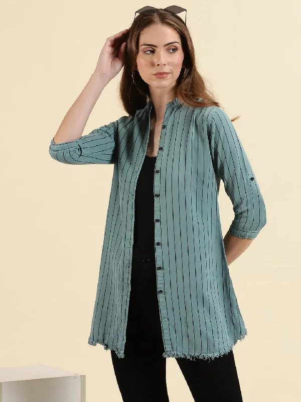 Women's Teal Striped Longline Shirt-AE-4167-Teal-- Front Pockets Side Pockets Patch Pockets