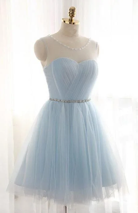A-Line Jewel Light Blue Tulle Short Homecoming Dress 2024 with Beading Pleats Tunics Fleece cozy