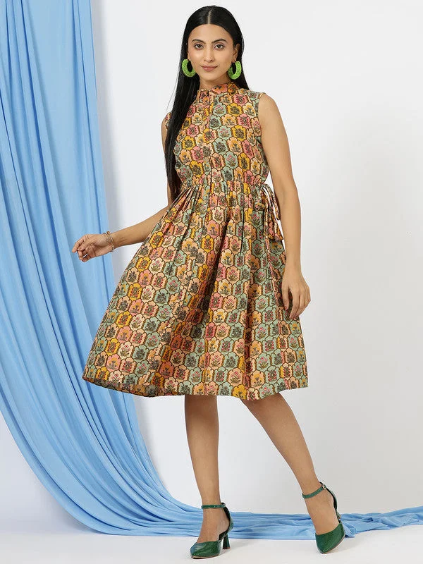 Women's Multi Mandarin Collar Floral Printed Cotton Fit & Flare Dress Shift Classic Vintage
