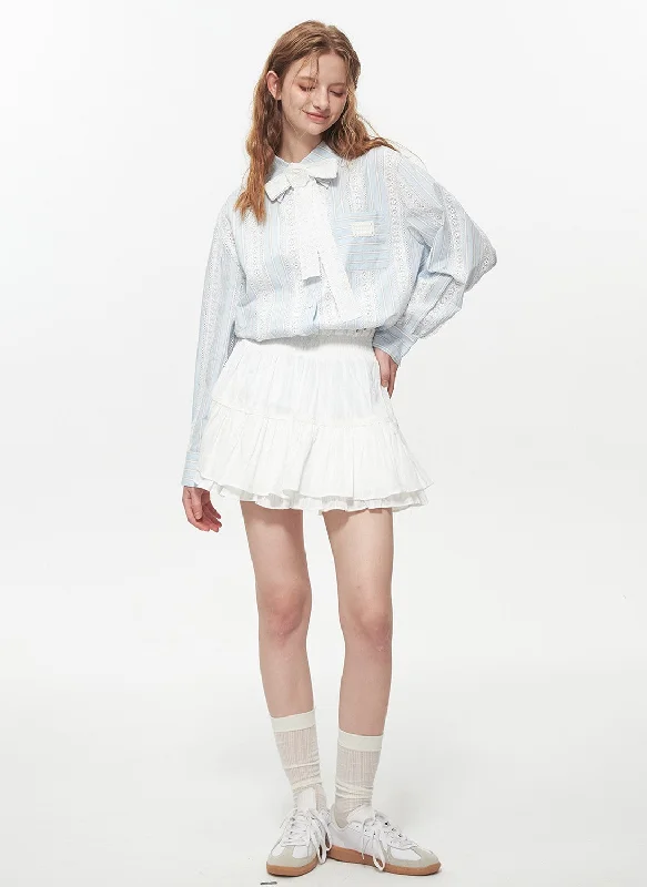 Dream Island Flower Lace Patchwork Striped Shirt FLO0022-- Front Pockets Side Pockets Patch Pockets