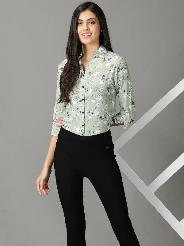 Women's Sea Green Printed Shirt-AE-3149-Seagreen-- Elasticated Padded Insulated