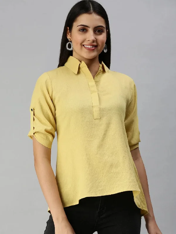 Women's Yellow Solid Shirt-AE-10232-Yellow-- Solid Print Embellished