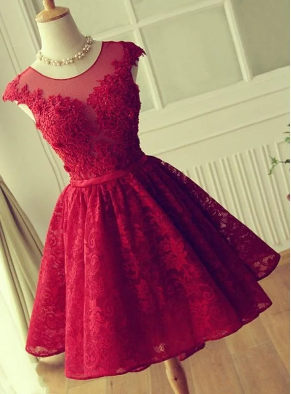 A-Line Jewel Cap Sleeves Red Lace Short Homecoming Dress 2024 with Beading Tunics Corduroy durable