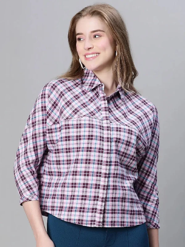 Women Purple Brush Check Collared Long Sleeve Cotton Shirt-W23261WSH003-- Welt Pockets Slit Pockets Flap Pockets
