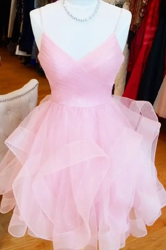 short pink a line homecoming dress birthday dress with ruffled skirt Crew Neckline Sporty