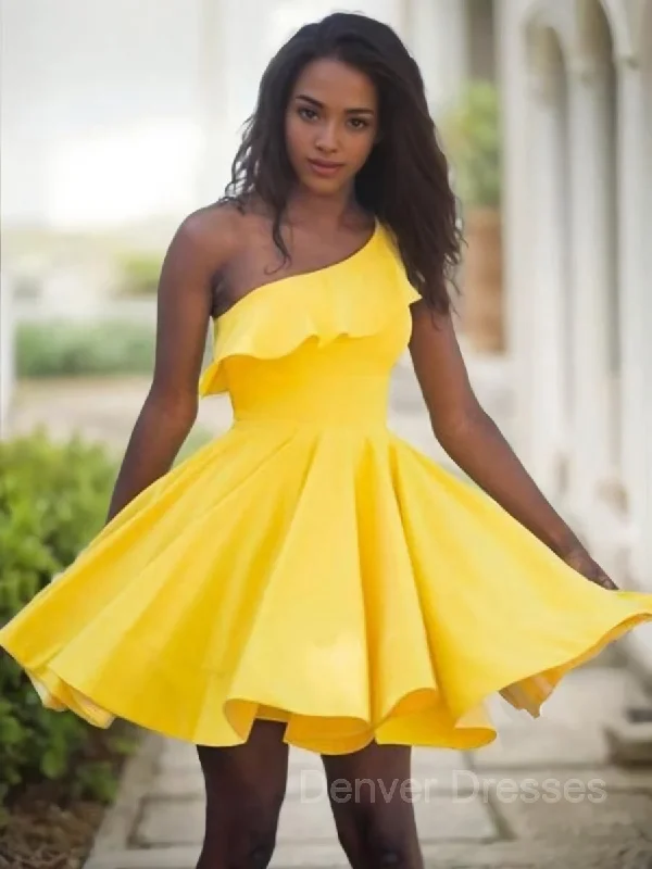 A-Line/Princess One-Shoulder Short/Mini Satin Homecoming Dresses With Ruffles Cowl Neckline Elegant