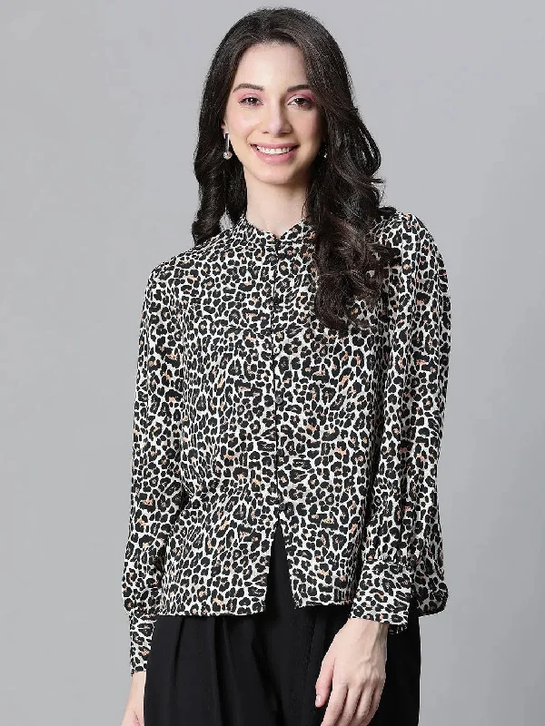 Wome Black Animal Print Mandarincollar Long Sleeve Satin Shirt-W23122WSH002-- Wool Fabric Cashmere Fabric Tweed Fabric