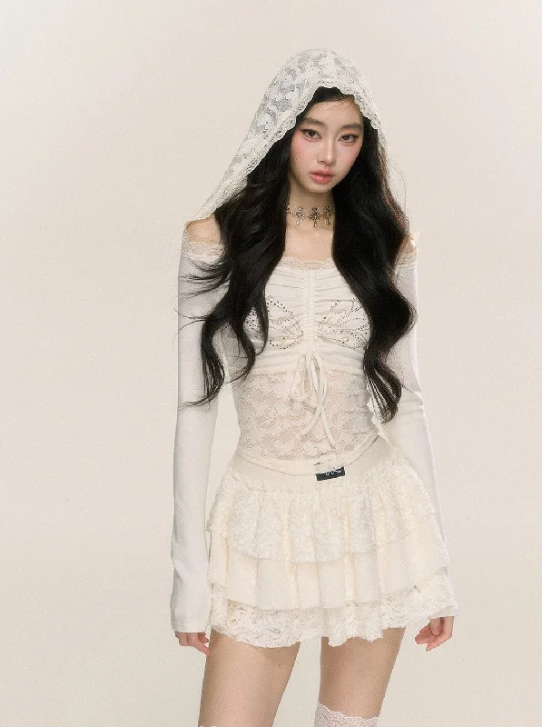 One Shoulder Lace Hooded Tight Long Sleeve T-shirt DIA0232-- Solid Print Embellished