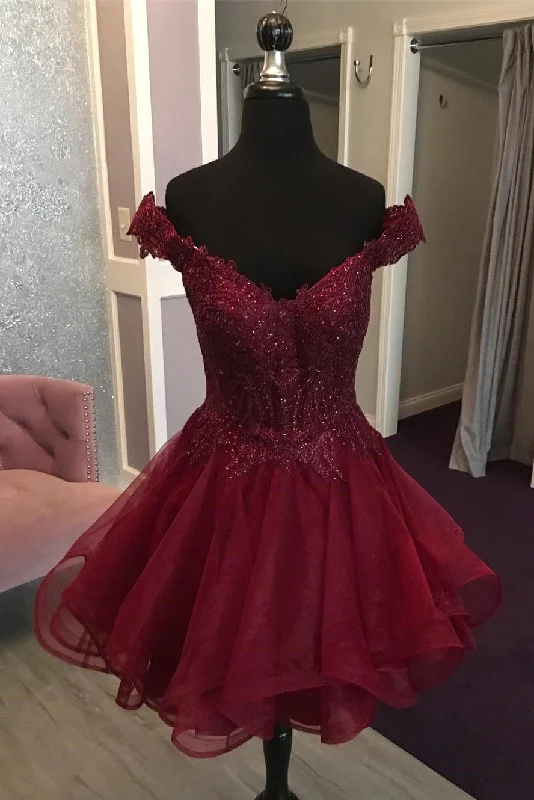 Off the Shoulder Short Burgundy Homecoming Dress Tunics Print Colorful