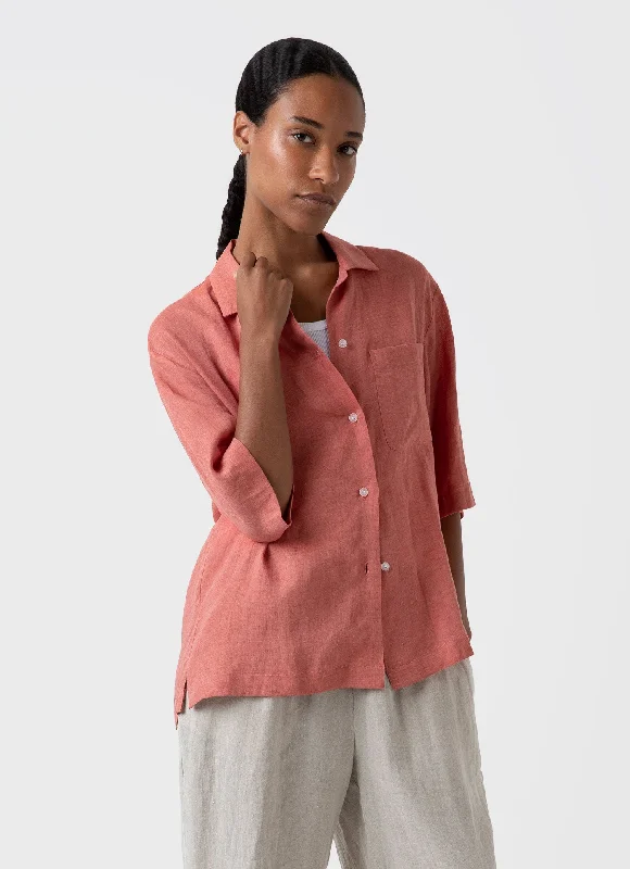Women's Short Sleeve Linen Shirt in Burnt Sienna-- Asymmetrical Pockets Print