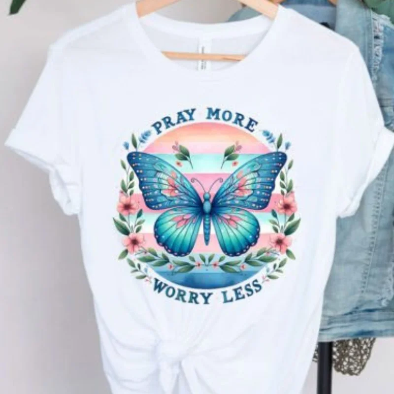 Pray More Worry Less White Cotton T-shirt-- Graphic Embroidered Appliqued