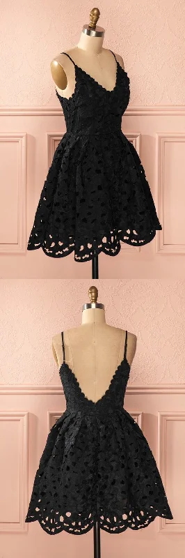 A Line Spaghetti Straps Backless Short Black Lace Homecoming Dress Tunics Plaid country