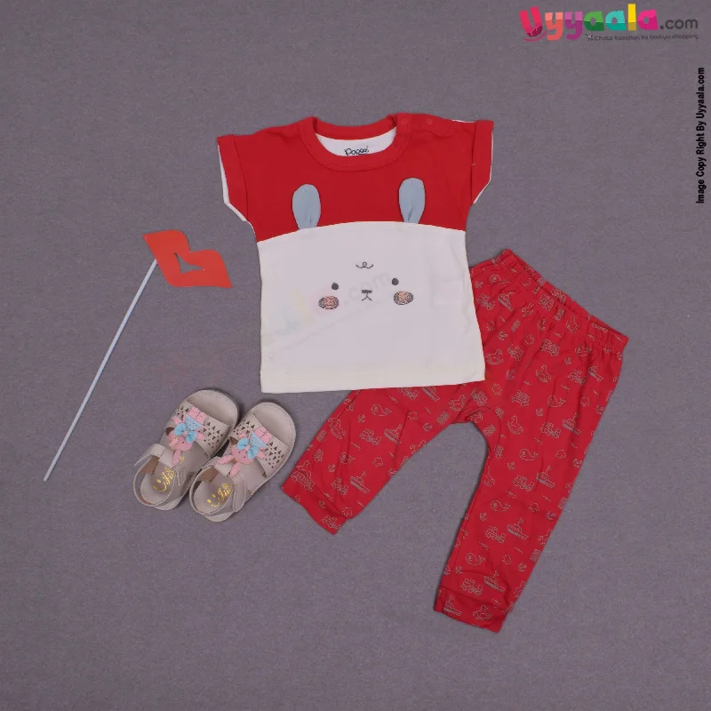 POPEES Baby girl casual wear hoisery cotton dress set with animals and vehicles print- Cream and Red Tunics Fall fleece