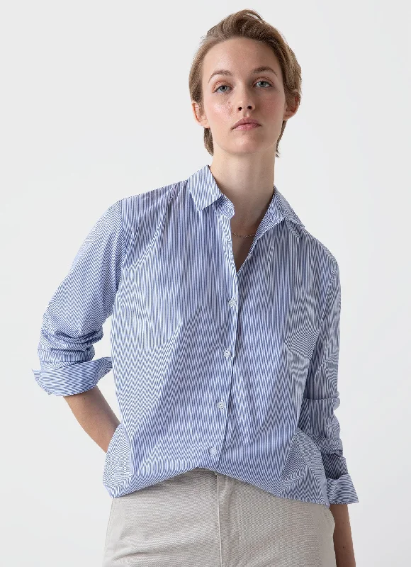 Women's Classic Shirt in White/Blue Bar Stripe-- Satin Fabric Silk Fabric Chiffon Fabric