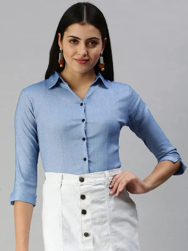 Women's Blue Solid Shirt-AE-5550176-Blue-- Terry Blend Velvet Blend Canvas Blend