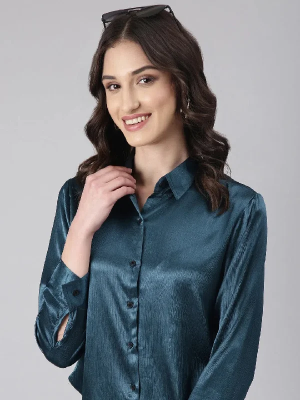Women Teal Solid Shirt-AE-333832-Teal-- Cashmere Blend Cotton Blend Poly Blend