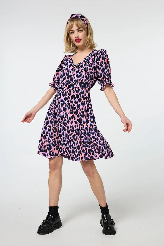 Pink with Blue and Black Shadow Leopard Short Tea Dress Tunics Corduroy durable