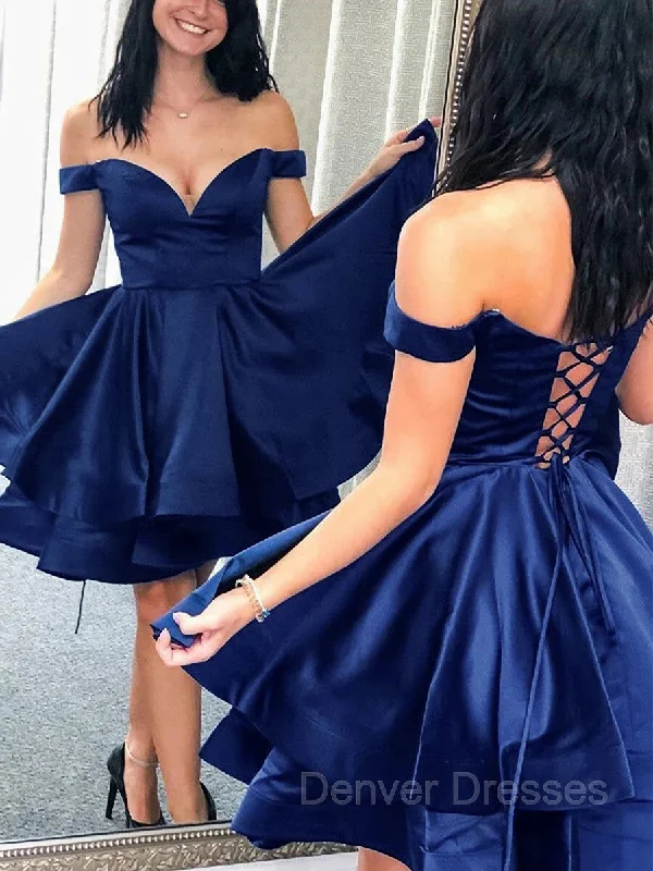 A-Line/Princess Off-the-Shoulder Short/Mini Satin Homecoming Dresses With Cascading Ruffles Off-the-shoulder Chic Trendy