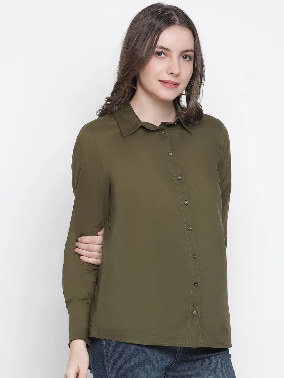 Twiglight Solid Khaki Women Shirt-- Silk Blend Satin Velvet