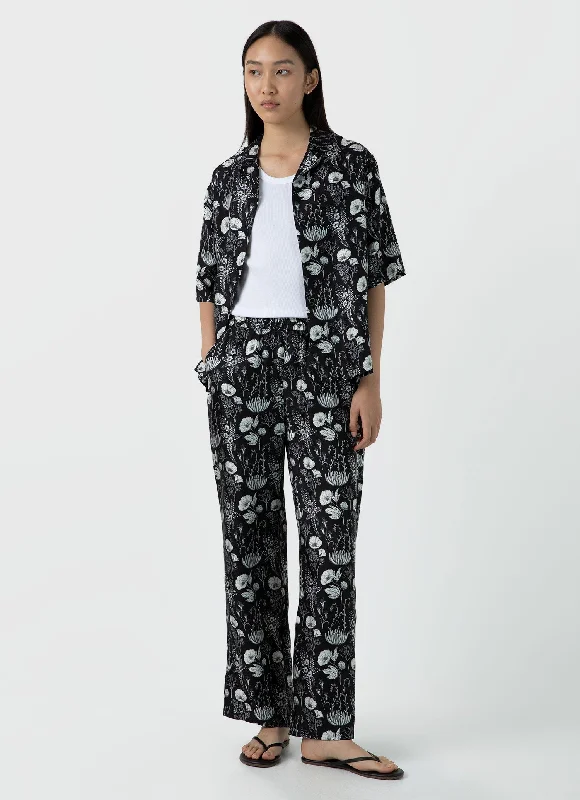 Women's Silk Leaf Print Camp Collar Shirt in Black-- Jersey Fabric Tulle Fabric Batik Fabric