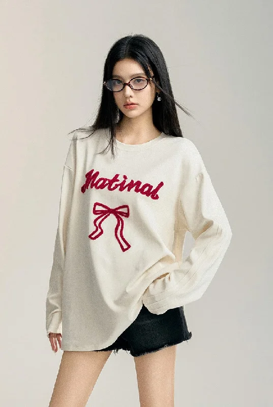 Basic Loose Bow Long-sleeved T-shirt MAC0086-- Seamless Knitted Crochet
