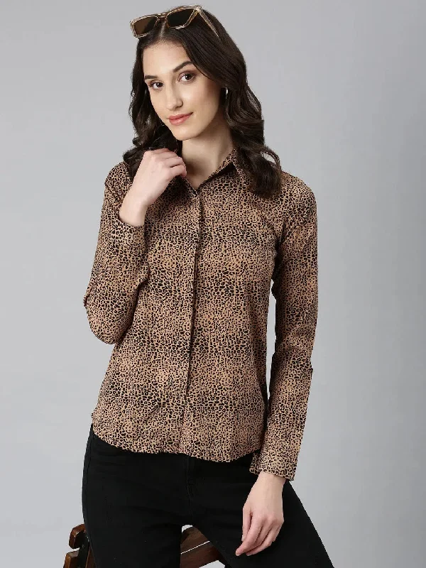 Women Camel Brown Printed Shirt-AE-333815-Camelbrown-- V-Neck T-Shirt Long Sleeve Cotton