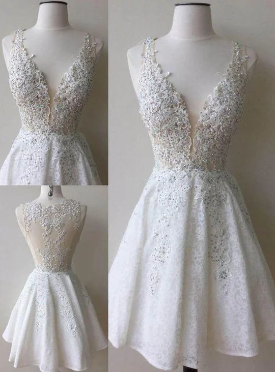 A-Line Deep V-Neck White Lace Short Homecoming Dress with Appliques Beading Tunics Canvas sturdy