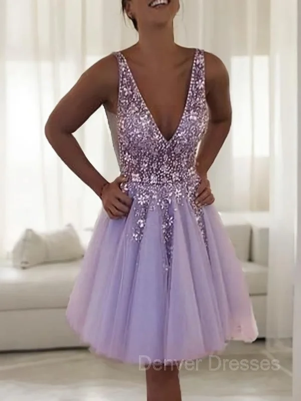 A-Line/Princess V-neck Short/Mini Tulle Homecoming Dresses With Beading Bodycon Club Sequined