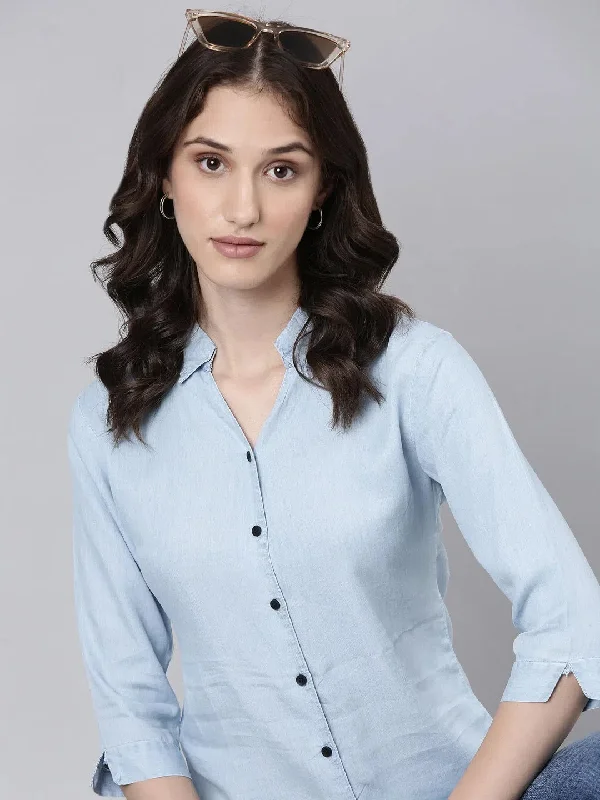 Women Blue Solid Shirt-AE-3160-Blue-- Print Jacquard Patchwork