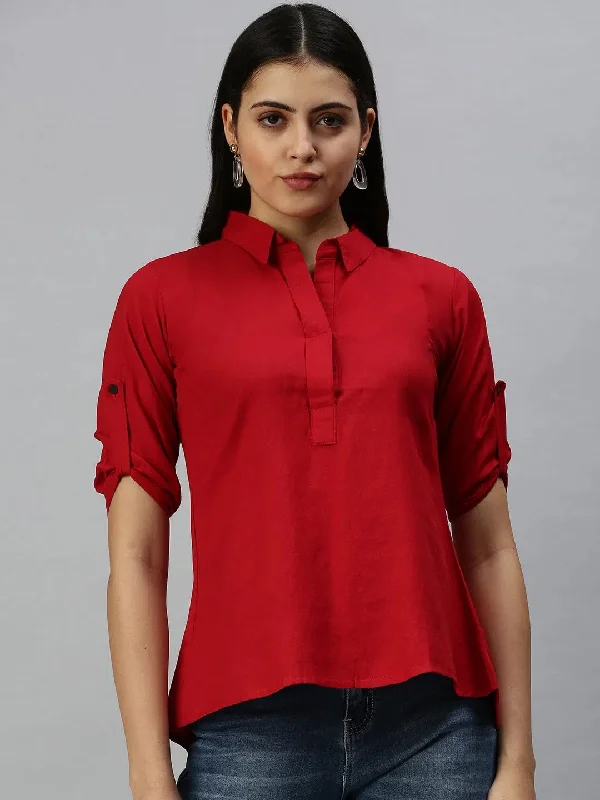 Women's Red Solid Shirt-AE-10232-Red-- Chenille Blend Fleece Blend Nylon Blend
