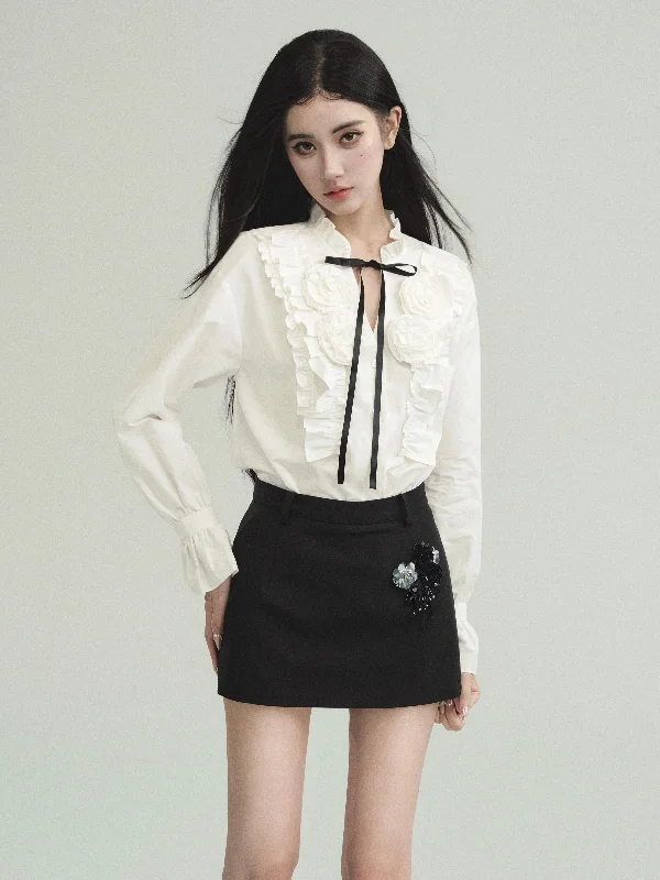 Romantic Encounter French V-neck Flower Shirt/Skirt FRA0201-- Anti-Shrink Durable Soft