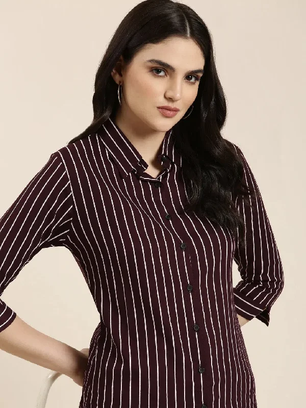 Women Purple Striped Shirt-AE-3163-Purple-- Ribbed T-Shirt High Neck Heavyweight