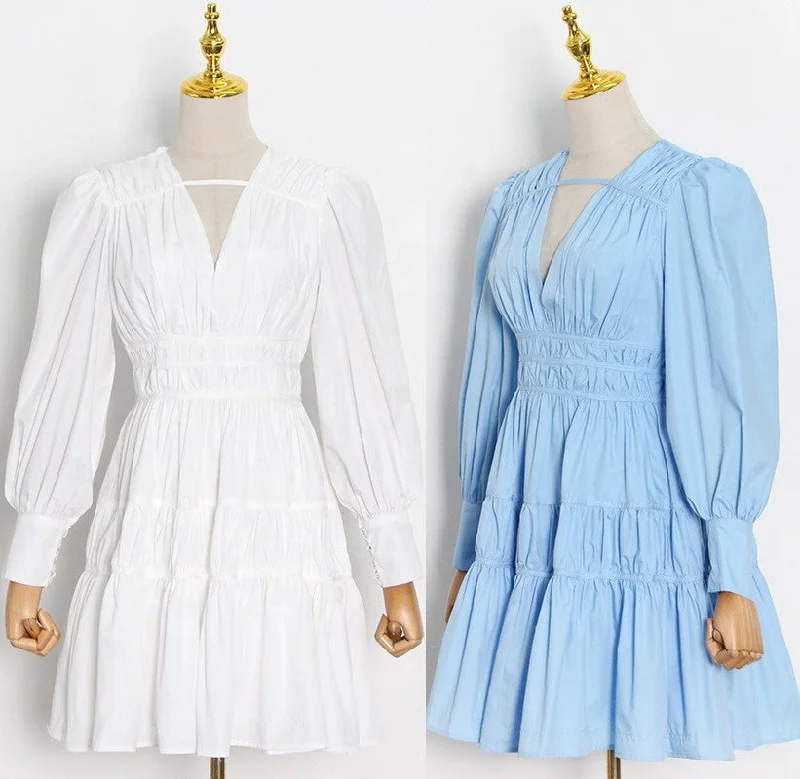 Vestidos De Fiesta Mujer V Neck Long Sleeve Solid Pleated A Line White Elegant Women Superior Short Bohemian Dress Casual Tunics Seasonal trendy
